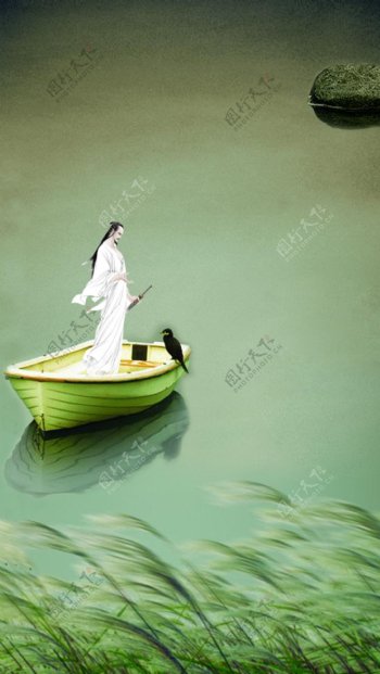 中式古典水墨小船海报背景设计