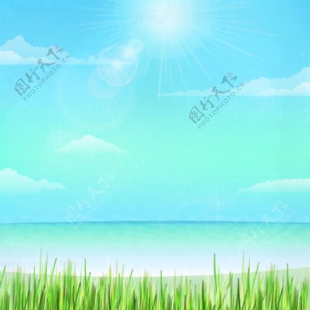 蓝天白云沙滩风景度假海报背景