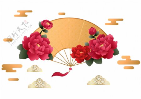 中国风新年金色祥云牡丹花扇子装饰图案