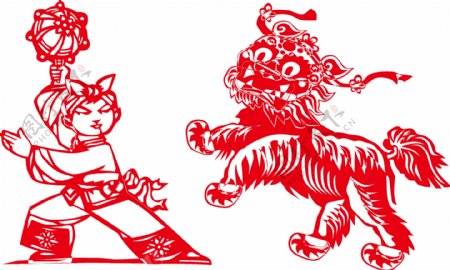 中国风舞狮剪纸元素