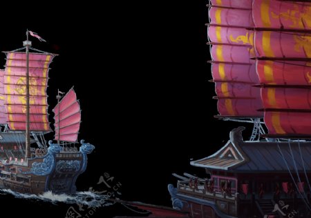 中国古代战船插画海报png元素
