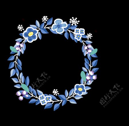 清新深蓝色花朵手绘花环装饰元素