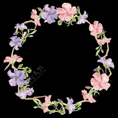 清新水粉色花朵手绘花环装饰元素