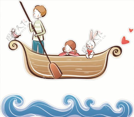 划船的小人兔子小女孩