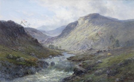 高山河流风景油画
