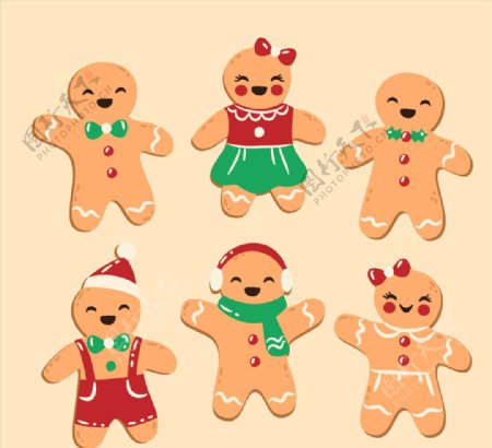 6款可爱笑脸圣诞节姜饼人矢量图