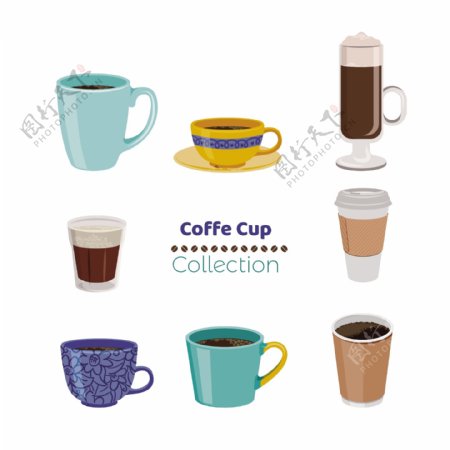 8款不同彩色卡通咖啡杯元素设计