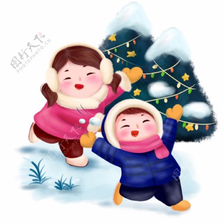打雪仗冬天冬季圣诞节日欢乐可爱可商用插画