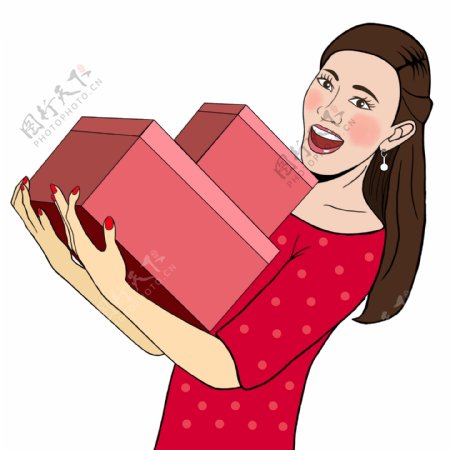 卡通女人抱着礼物盒高兴大笑原创元素