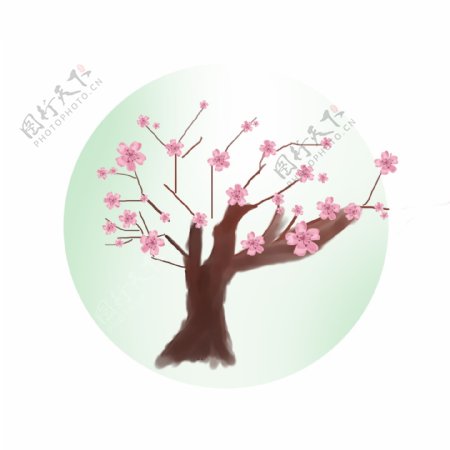 手绘插画桃花树素材