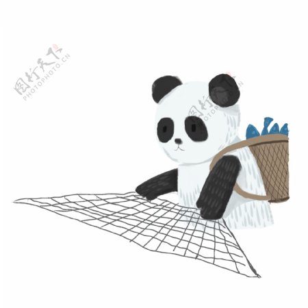 可爱撒网捕鱼的熊猫设计可商用元素