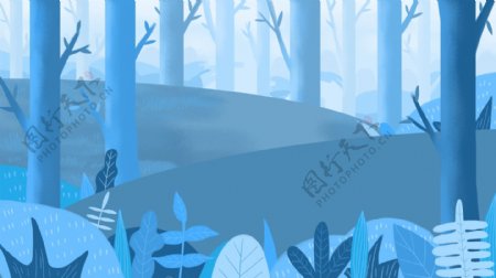 蓝色手绘树林背景素材