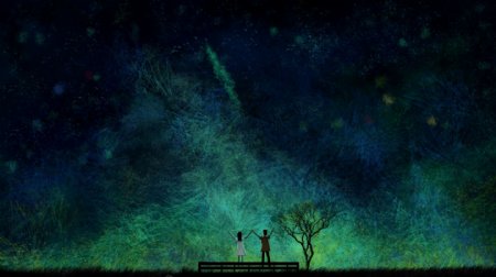 夜空下的看星星的情侣卡通背景