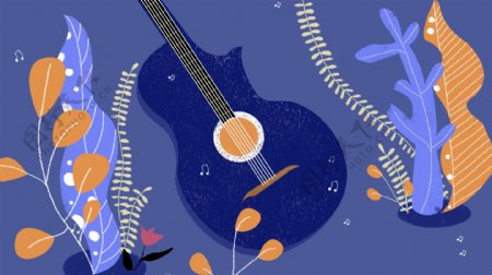 蓝色彩色花叶蓝色吉他音乐卡通背景