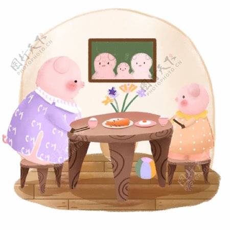 生肖动物猪吃饭卡通可爱儿童手绘插画元素