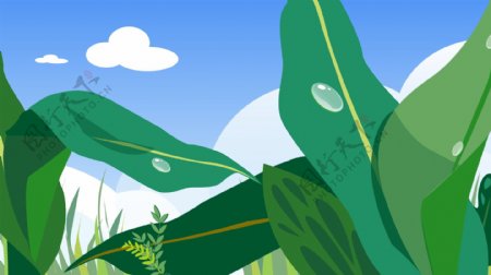 蓝天树木植物插画背景素材图