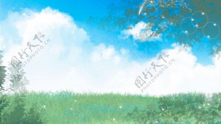 清新夏日草地天空插画背景设计