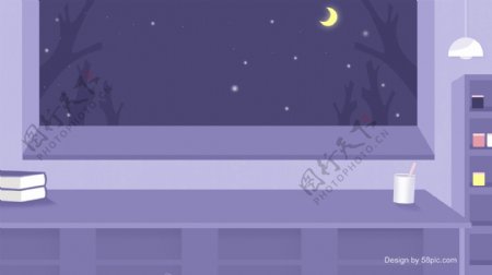 卡通紫色窗台夜景插画背景