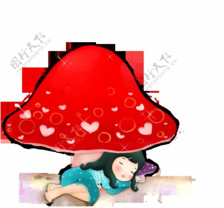 红色蘑菇可爱睡觉小女孩装饰图案