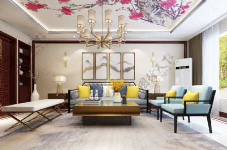 温馨舒适新中式客厅装饰装修效果图