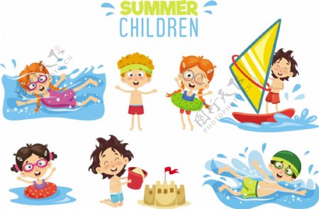 卡通夏季玩水的儿童