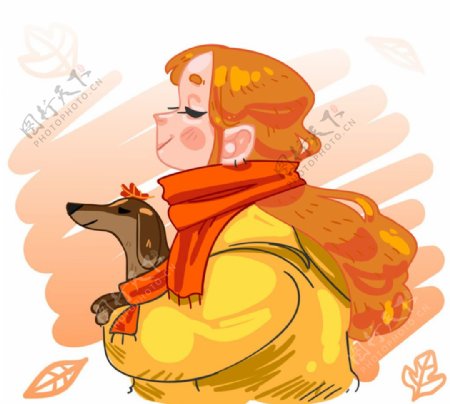彩绘秋季女孩和宠物狗侧影