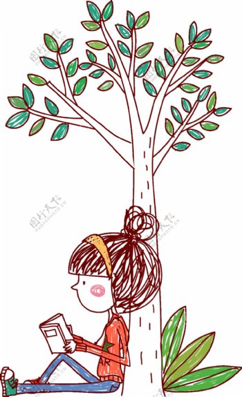 卡通手绘女孩树下看书png元素