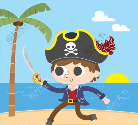 卡通岛屿上挥刀的海盗矢量素材