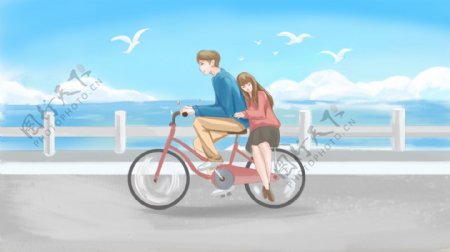蓝色浪漫情人节海滩插画