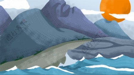 大海海浪插画背景手绘设计