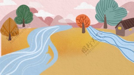 小清新山川河流秋季背景设计