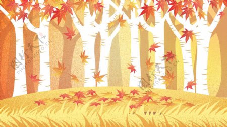 秋季黄色草地上的枫树卡通背景