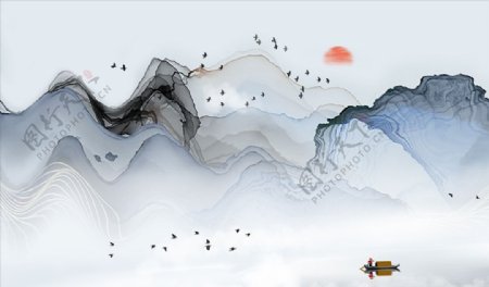 新中式抽象水墨唯美山水背景墙