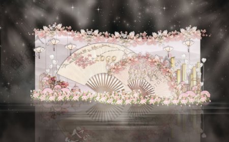 粉色新中式桃花迎宾婚礼工装效果图