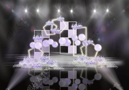 紫色浪漫棋盘镂空屏风霓虹灯气球婚礼效果图