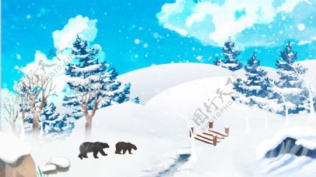 清新卡通雪山松树背景设计