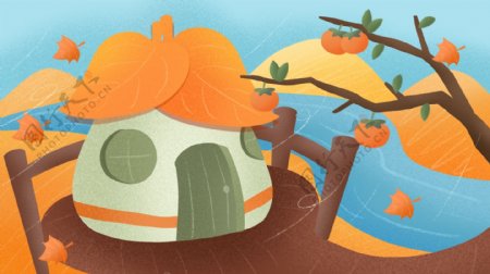 童话风彩绘柿子树木屋背景设计