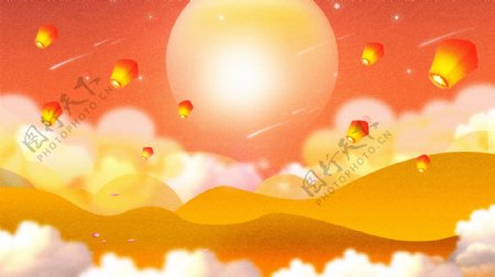 梦幻橙红色中秋节星空孔明灯背景设计
