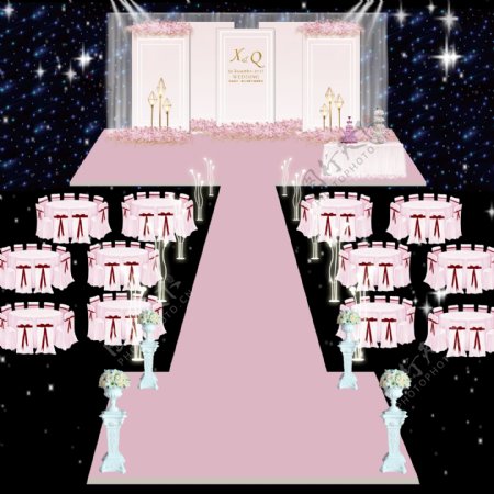 粉色小清新婚礼舞台效果图