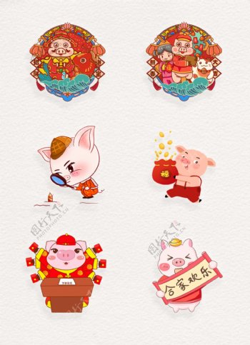 2019春节喜庆卡通小猪元素设计