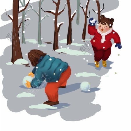 在雪地里打雪仗的小朋友手绘卡通可商用元素