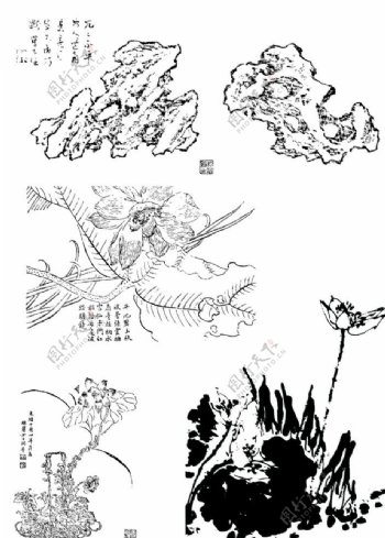 中国风水墨国画矢量卡通