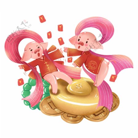 2019春节猪年插画发财元素商用喜庆新年春节生肖猪