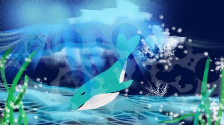 深海中的游泳的鲸鱼绿色植物卡通背景
