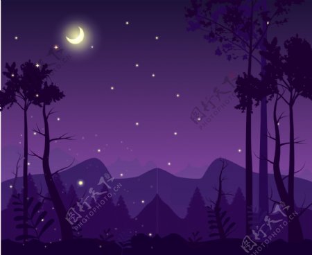 浪漫紫色星空下的树林插画背景