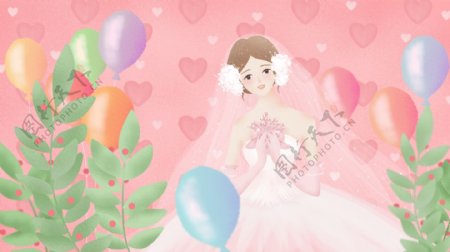 手拿手捧花的穿婚纱的新娘彩色气球卡通背景