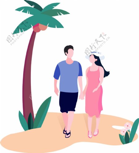 情侣沙滩牵手散步情人节设计素材
