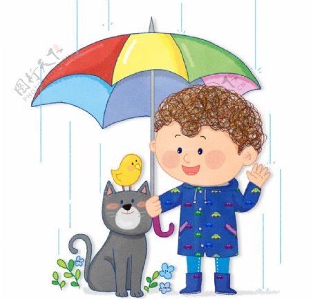雨中男孩水彩手绘插图7