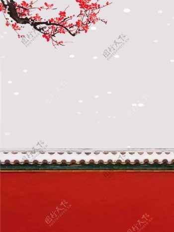 白雪红梅红宫墙中国风冬季广告背景