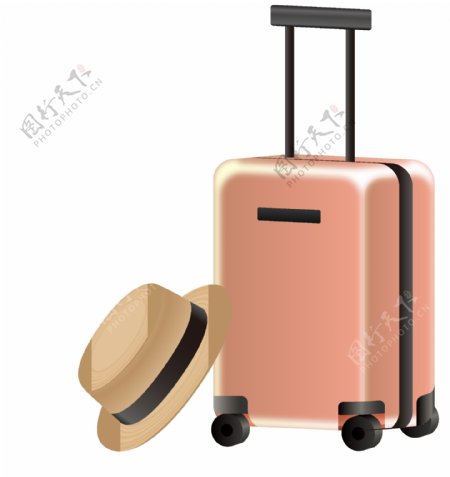 矢量粉色时尚旅行箱与遮阳帽